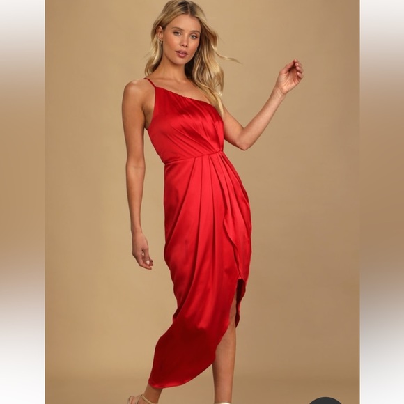 Red one shoulder satin dress - Picture 2 of 2